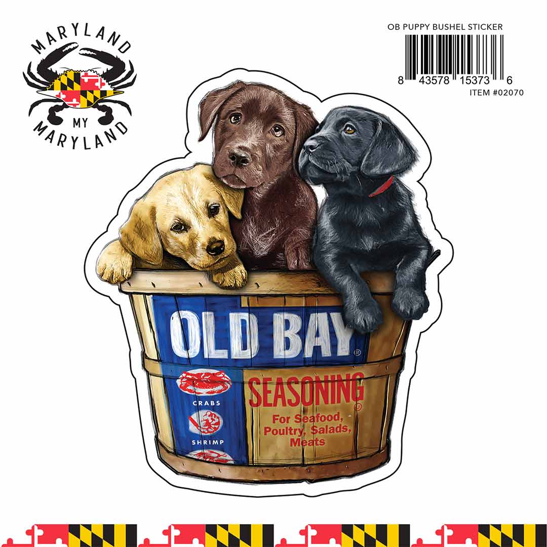 A sticker depicting three puppies sitting in a bucket with the text 'OLD BAY SEASONING' and the OLD BAY logo.