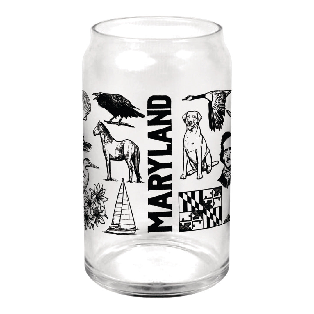 Clear glass can with black illustrations and 'Maryland' text on a white background