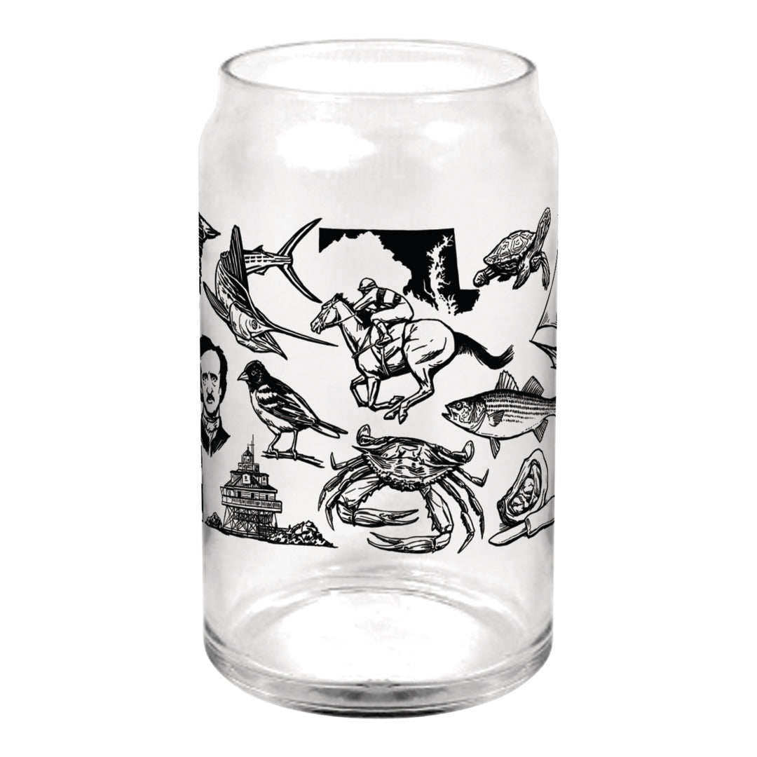 Clear glass can with black illustrations on a white background