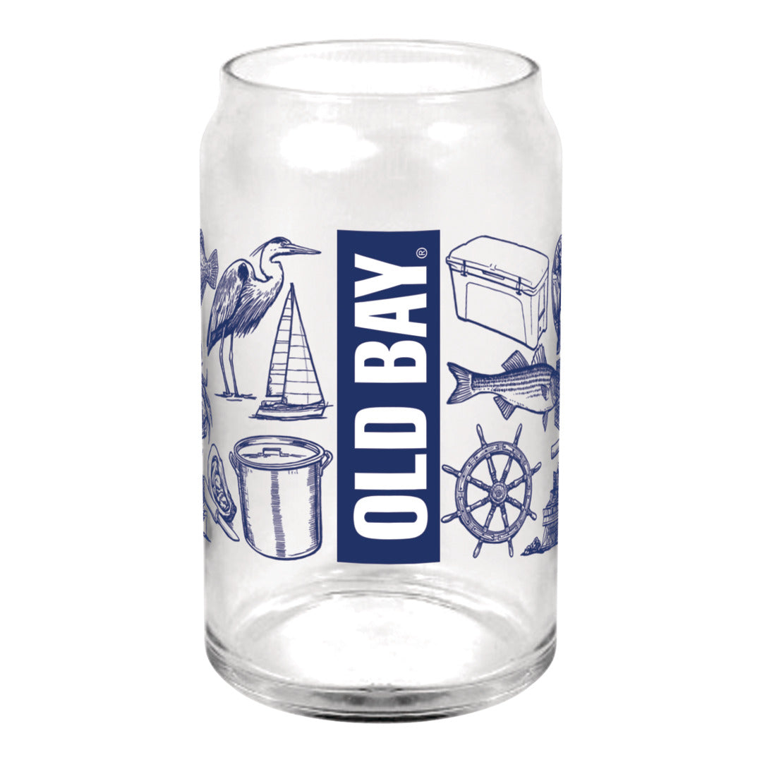 Clear glass can with Old Bay logo and nautical illustrations on a white background