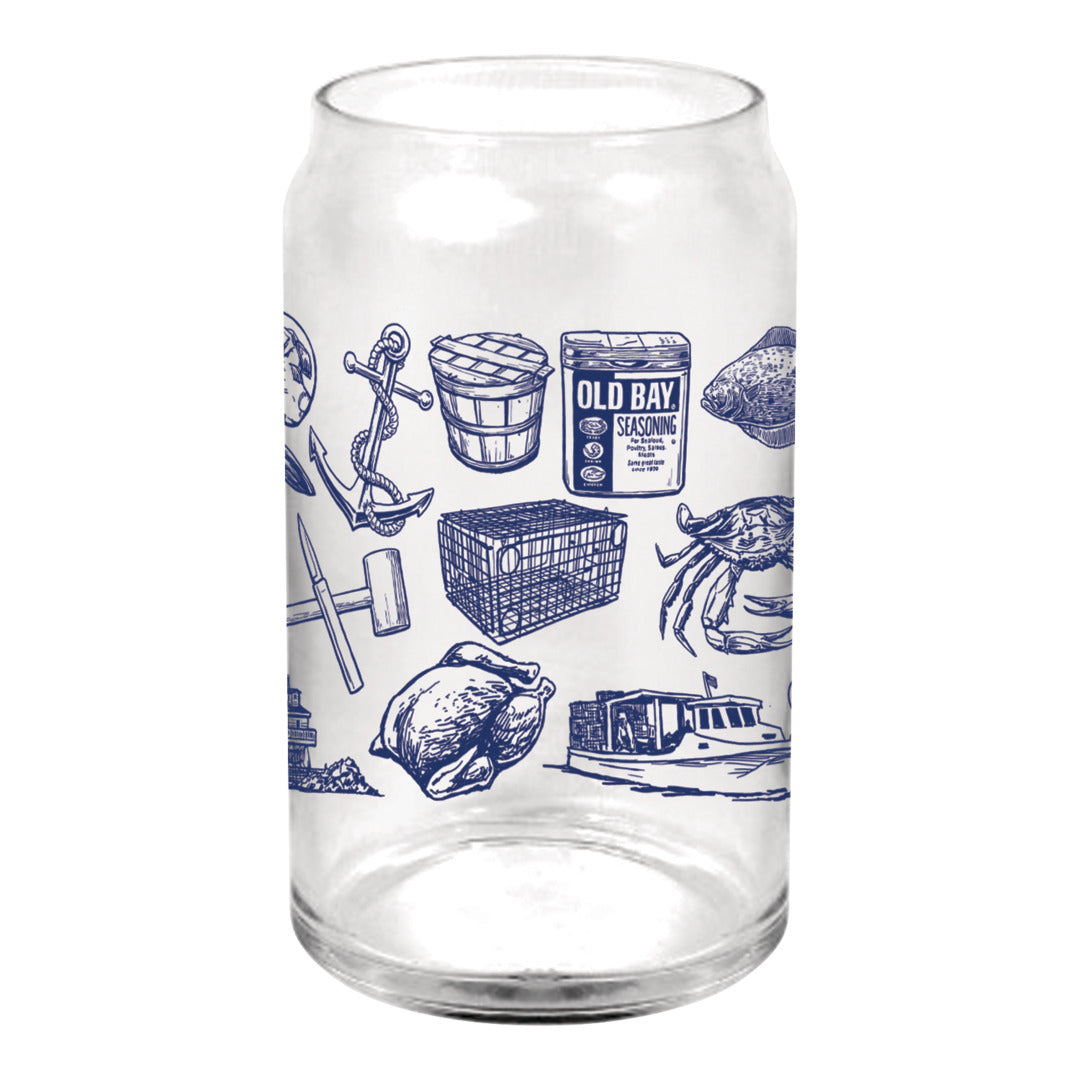 Clear glass can with blue Old Bay seasoning label and illustrations on a white background