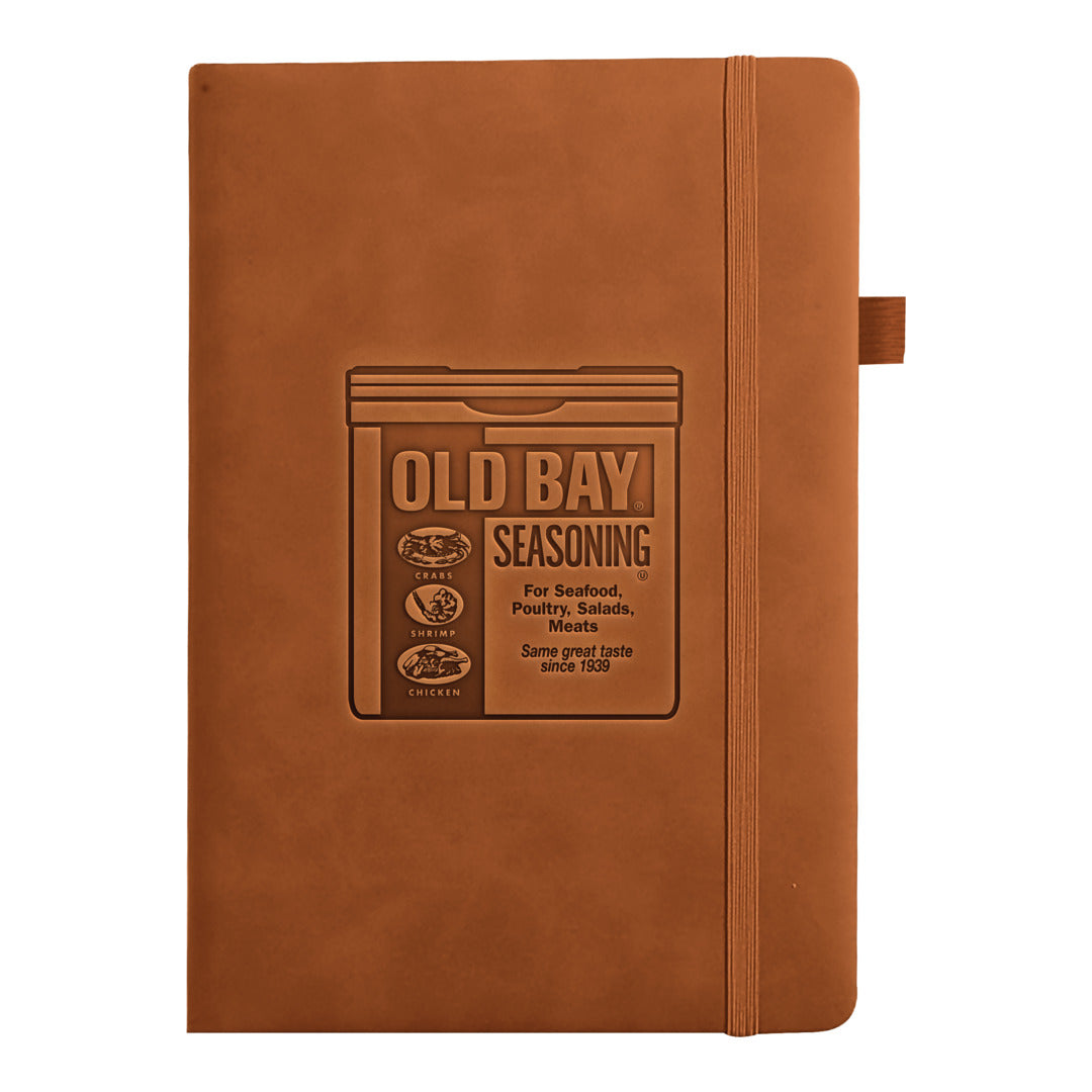 Brown notebook with Old Bay Seasoning logo 