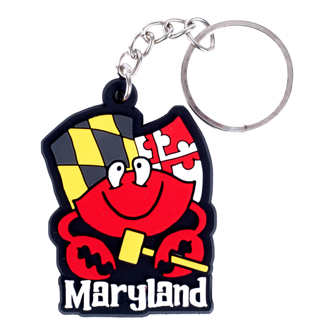 Keychain with a red crab design on a black background, featuring Maryland text.