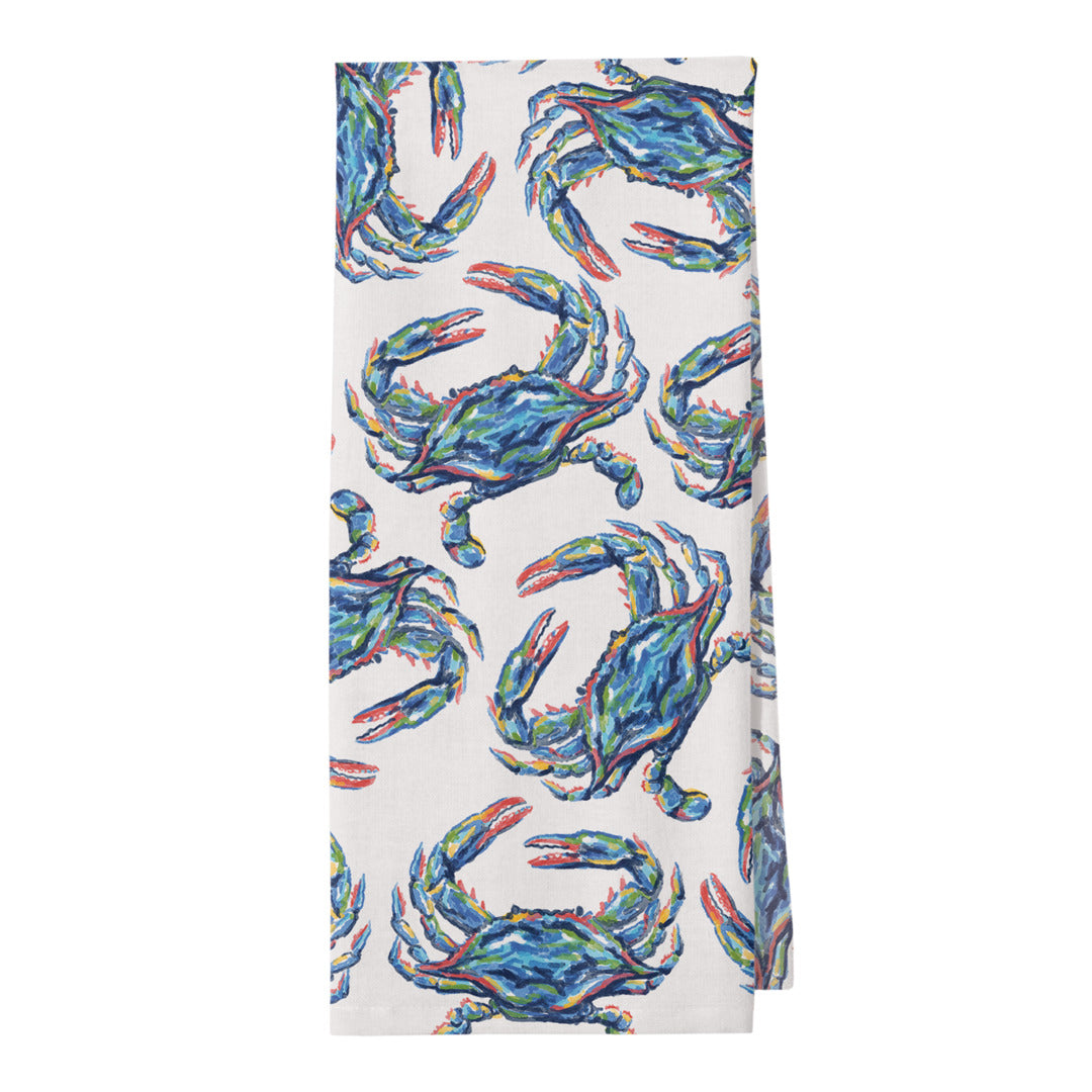 Towel with blue crab pattern on a white background