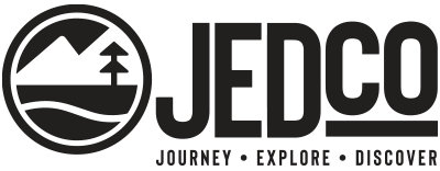 JEDCO logo with mountain and tree design on a black background